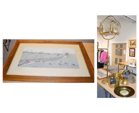 A brass bird cage on stand; two brass jam pans; brass coal hod; and a hunting print after Cecil Aldin 
