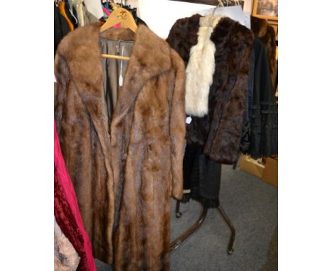 Coney fur brown short jacket, cream faux fur scarf, three quarter length fur coat (3)