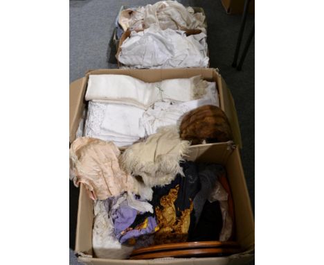 Assorted white cotton baby and childrens gowns, bonnets, white linen, textiles, furs and accessories (four boxes)  