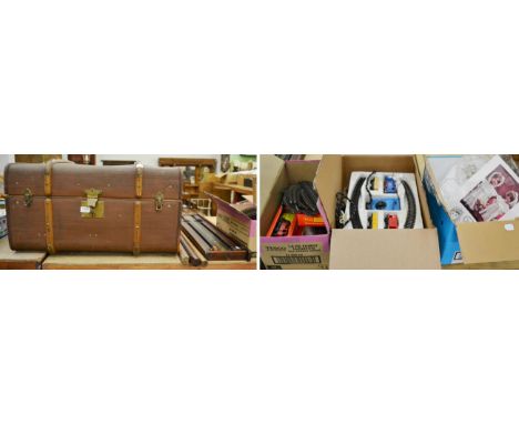 Tri-ang train models, train track, snooker scoreboard, three snooker cues, reproduction doll and a travelling trunk 