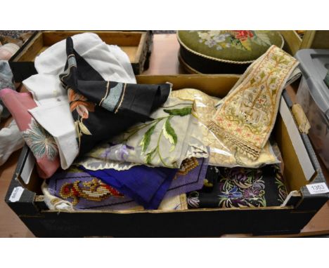 Assorted embroidery examples including ecclesiastical items, two black panels worked in coloured silk chain stitch in floral 