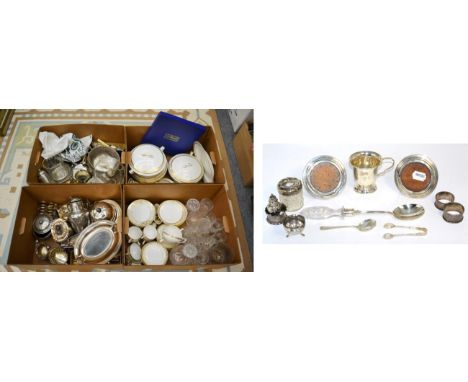Four boxes of china, glass and silver plate including Royal Worcester, Noritake etc, and a small group of silver including a 