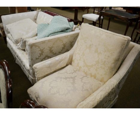 Knoll style drop end sofa upholstered in cream floral fabric; and an armchair upholstered to match 