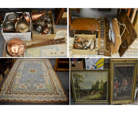 A quantity of 19th century and later copper and silver plate, a coat rack, a drift wood hall mirror, a rug, two hunting print