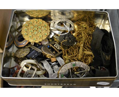 Various 19th and 20th century buckles and other items including paste set examples, hammered metal, glass, enamel decorated e