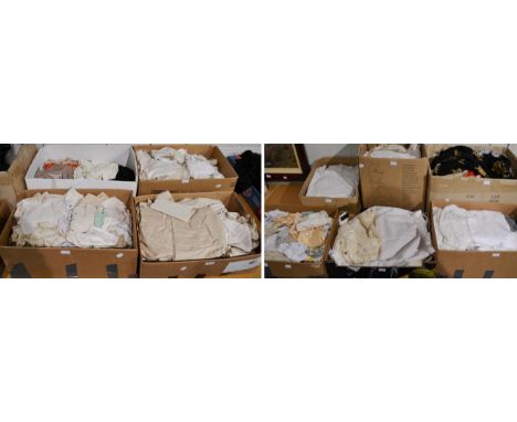 Ten boxes of assorted white linens, embroidered and crochet edged textiles, costume etc