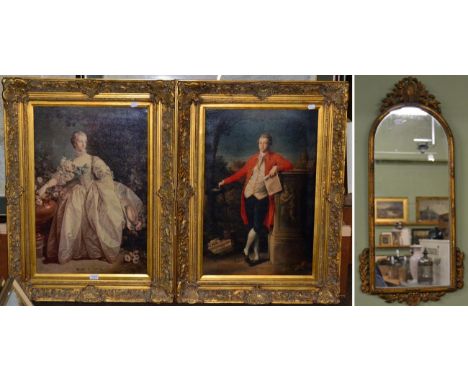 A pair of portraits of a lady and gentleman, over painted prints, in gilt frames together with a gilt framed mirror 
