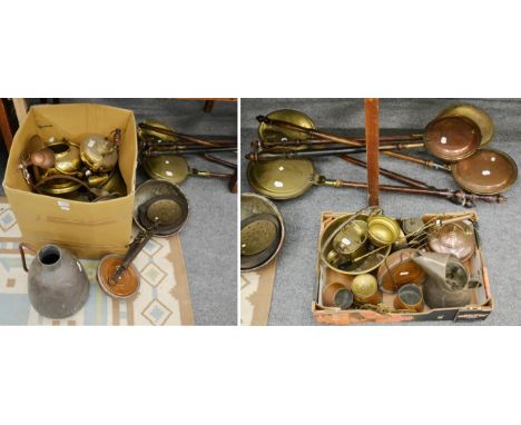 A group of 19th century and later copper and brass including bed warmers, kettles etcThe bracelet is in good condition, no no