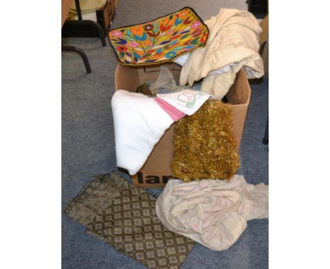 A quantity of assorted white linen, textiles, evening gloves, two silk embroidered table cloths, lace etc (one box)