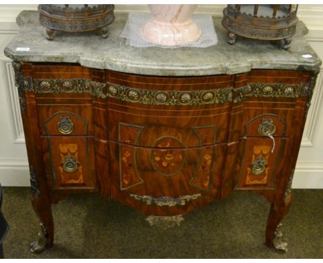 A 20th century French transitional style commode, walnut and marble topped, with marquetry decoration and gilt metal mounts  