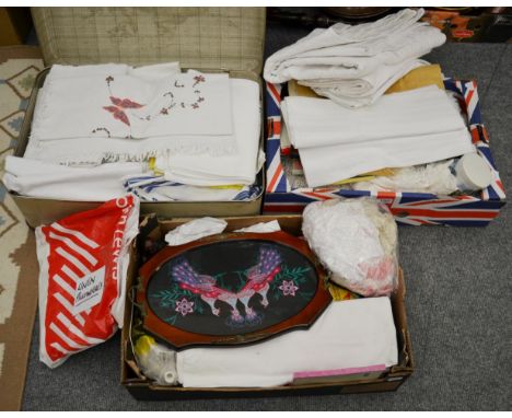Assorted white linen and textiles, trimmings, bedspread etc (two boxes and a suitcase)