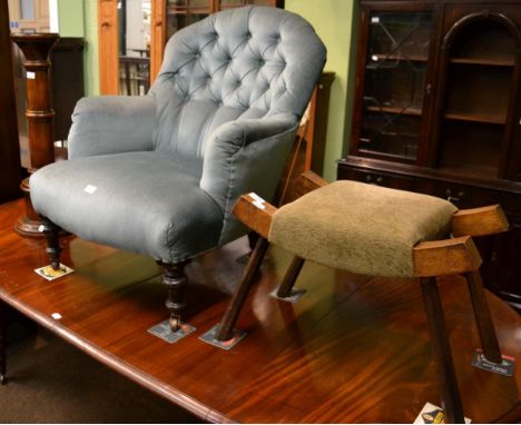 Victorian ebonised oak framed button back chair; pricket candle stand; and oak framed stool (3) 