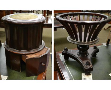 Victorian mahogany cylindrical commode and a mahogany cylindrical planter with slatted sides and triform base 
