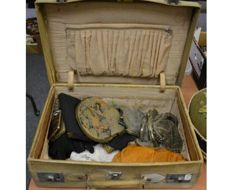 Circa 1900 and later evening bags, including a velvet bag with cut steel frame and bead decoration, silver plated mesh bag wi