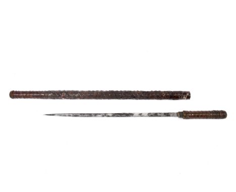 A WWII British officer's leather covered swagger sword stick. 61cm long Condition Report: The blade is unmarked.