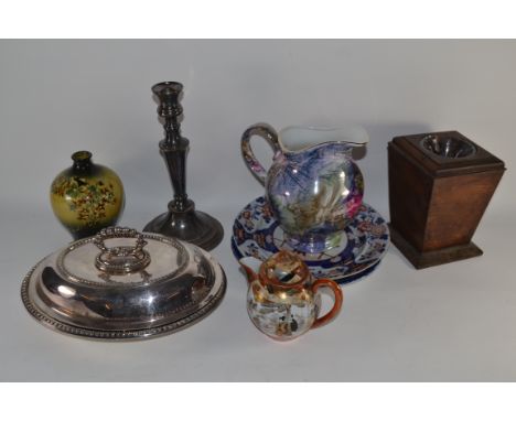 BOX CONTAINING CERAMICS INCLUDING SILVER PLATED DISH AND COVER, CANDLESTICK ETC