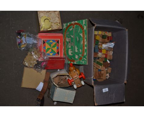 BOX CONTAINING MIXED VINTAGE TOYS AND GAMES INCLUDING WOODEN BUILDING BLOCKS, JIGSAW PUZZLE ETC