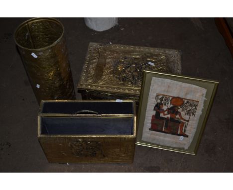 TRAY CONTAINING 20TH CENTURY BRASS MAGAZINE HOLDER, UMBRELLA STAND AND STORAGE BOX TOGETHER WITH AN EGYPTIAN STYLE PRINT