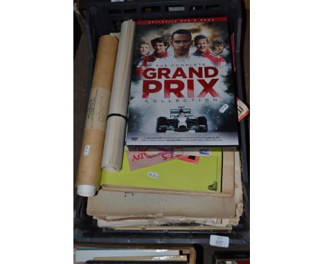 BOX OF VINTAGE SHEET MUSIC TOGETHER WITH A COMPLETE GRAND PRIX DVD SET ETC