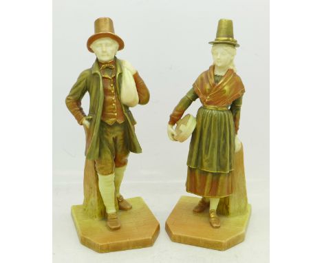 Two Royal Worcester figures, Rd. No. 275720 and 275721, small chip to gentleman's coat, very small paint chip to lady's hat