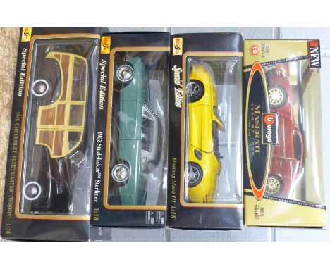 Four 1:18 scale model vehicles; three Maisto and one Burago, Chevrolet Fleetmaster, Studebaker Starliner, Mustang Mach 111 an