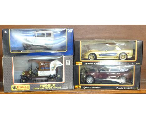 Four 1:18 scale model vehicles; two Maisto and two others, Gulastrand Corvette, Porsche Cayenne S, BMW Dixi and Ford Model T