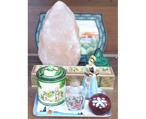Two Japanese trays, a Caithness paperweight, a hand painted snuff bottle, a heavy mineral sample, etc.