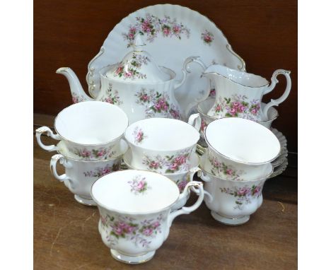 A Royal Albert Lavender Rose tea set, seven cups, (3 a/f), six saucers, 5 + 1 side plates, twenty-three pieces in total