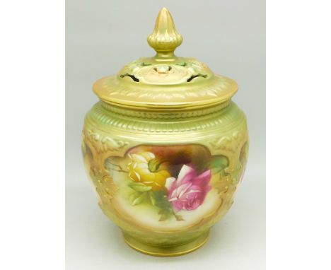 A Royal Worcester lidded vase or pot pourri, signed A Hood, early 20th Century, marked 171, height 18cm