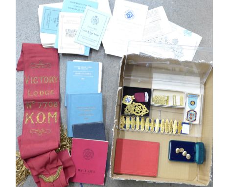 A collection of Masonic medals, regalia, cufflinks, paperwork, various Lodges including silver gilt medals and a silver gilt 