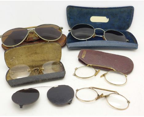 Five pairs of Victorian and vintage spectacles and sunglasses including 1940's WWII RAF Mk VIII anti-glare pilot's sunglasses