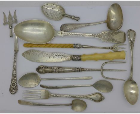 Silver flatware including 19th Century and a fork by George Adams, some a/f, total weight 335g