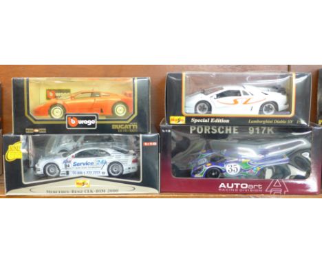 Four 1:18 scale model vehicles; two Maisto, one Auto Art and one Burago, Mercedes-Benz CLK-DTM 2000, Lamborghini Diablo SV, P