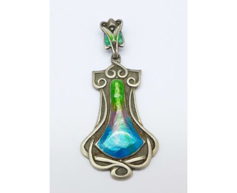 An early 20th Century silver and enamel Art Nouveau pendant marked Queensway, 58mm x 22mm