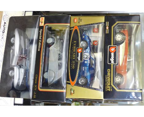 Four 1:18 scale model vehicles; two Burago, one Auto Art and one Maisto, Chevrolet Corvette, Ferrari 250, Corvette and Citroe