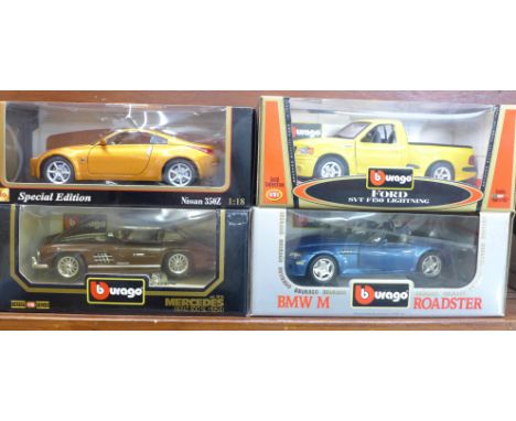 Four 1:18 scale model vehicles; three Burago and a Maisto, Mercedes-Benz 300SL, BMW M Roadster, Ford SVT F150 and Nissan 350Z