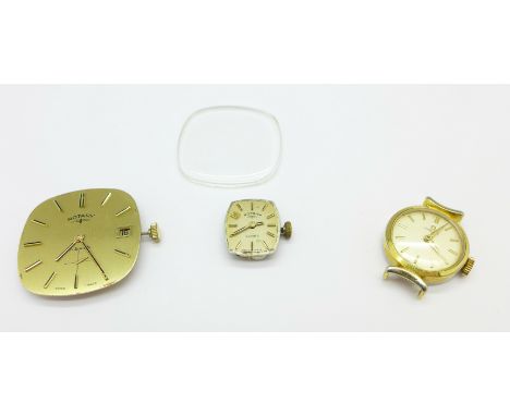 An Omega wristwatch head and two Rotary movements