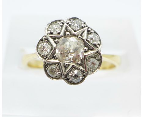 An 18ct gold, platinum and diamond Art Deco cluster ring, centre old cut diamond approximately 0.5ct, total diamond weight 0.