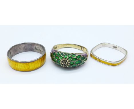 Three silver and enamel rings