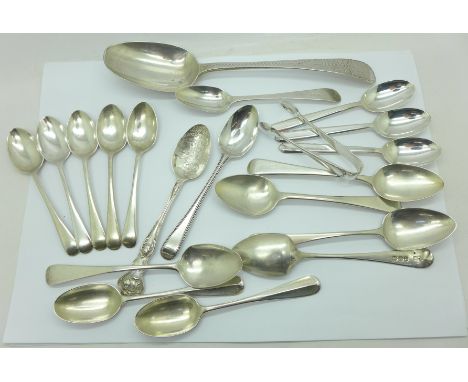 A collection of silver flatware including Georgian and one spoon by Hester Bateman, 333g