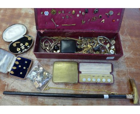 A large quantity of gentleman's gold plated Victorian and Edwardian jewellery including twenty-five stick pins, seventeen pai