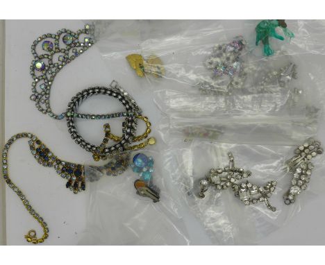 Ten pairs of vintage clip-on earrings and diamante jewellery