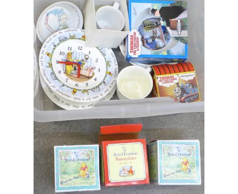 Royal Doulton Bunnykins, Wedgwood Peter Rabbit, Thomas the Tank Engine and other nursery china and a Winnie the Pooh wall clo