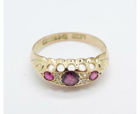 A 9ct gold, ruby and diamond seven stone ring, Chester 1912, 1.3g, L