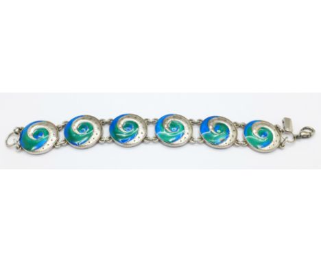 A hallmarked silver and enamel bracelet by Liberty &amp; Co., Edinburgh 1988, enamel on one panel a/f
