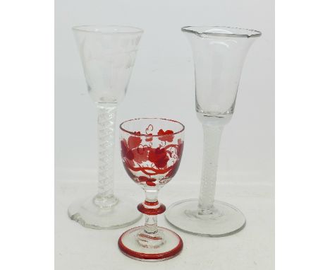 Two early 19th Century glass wines with twist stems and one with etched bowl, both a/f, and one other ruby glass wine, talles