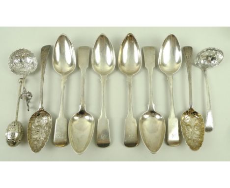 A group of George III and later silver comprising a George III silver berry spoon, with embossed bowl and bright cut decorati