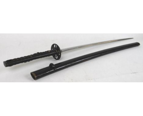 Militaria: a Japanese katana, early blade and tsuba, with later scabbard and handle, the grip binding wrapped around a decora