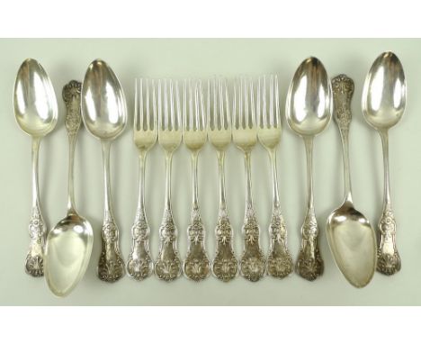 A set of Victorian Scottish silver flatware, comprising six table forks and six table spoons, armourial engraved terminals, G