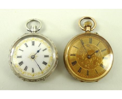 A 14ct gold backed pocket watch with foliate engraved case and face, with Roman numerals, together with a Continental 935 sil